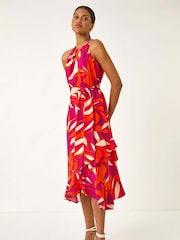 Roman Pink Floral Print Frill Wrap Midi Dress - Image 2 of 5