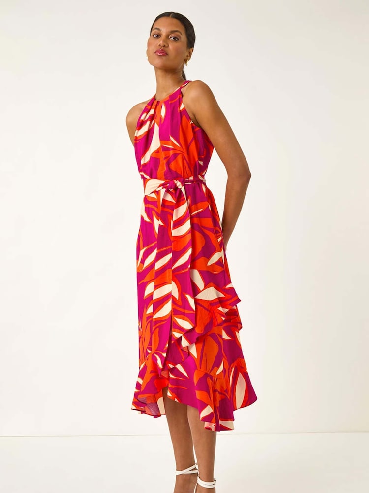 Roman Pink Floral Print Frill Wrap Midi Dress - Image 2 of 5