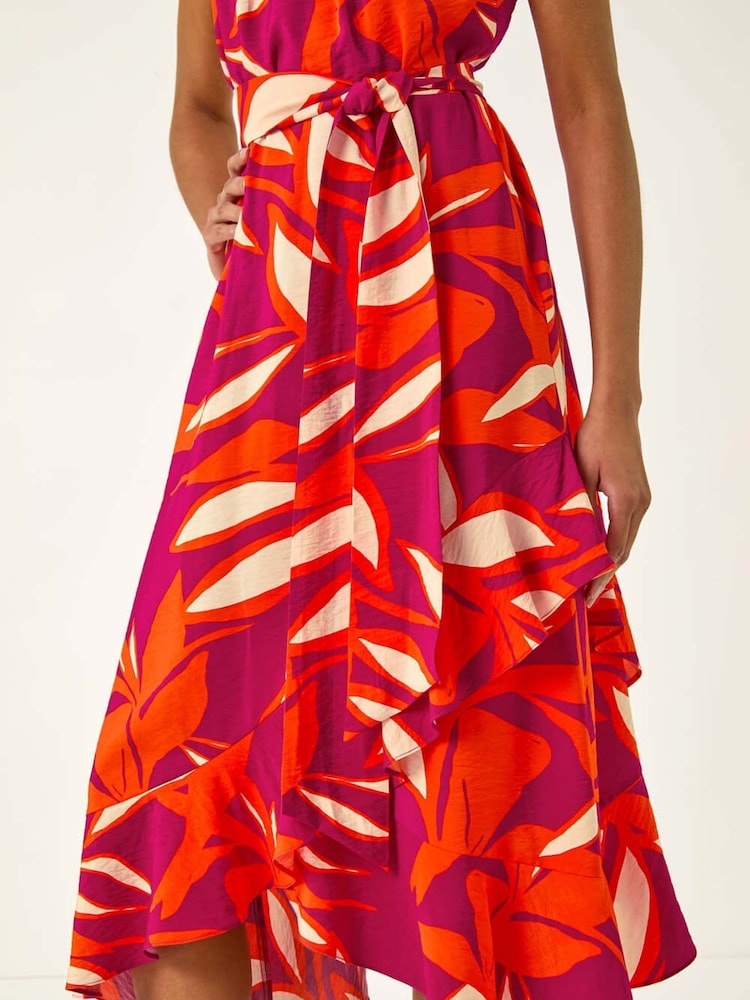Roman Pink Floral Print Frill Wrap Midi Dress - Image 5 of 5
