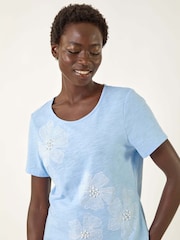 Roman Blue Floral Print Pearl Detail T-Shirt - Image 1 of 5
