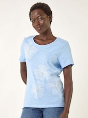 Roman Blue Floral Print Pearl Detail T-Shirt - Image 4 of 5