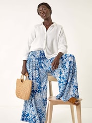 Roman Blue Printed Shirred Wide Leg Trousers - Image 1 of 5