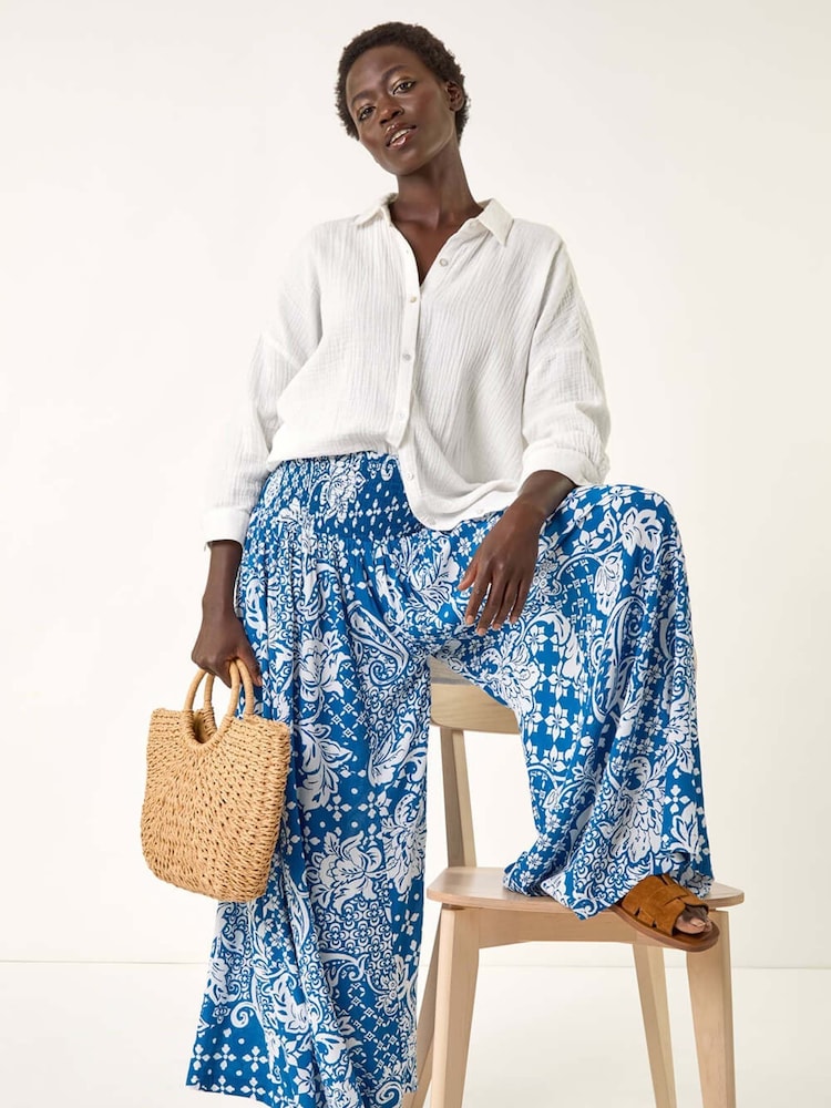 Roman Blue Printed Shirred Wide Leg Trousers - Image 1 of 5
