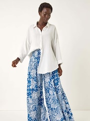 Roman Blue Printed Shirred Wide Leg Trousers - Image 2 of 5