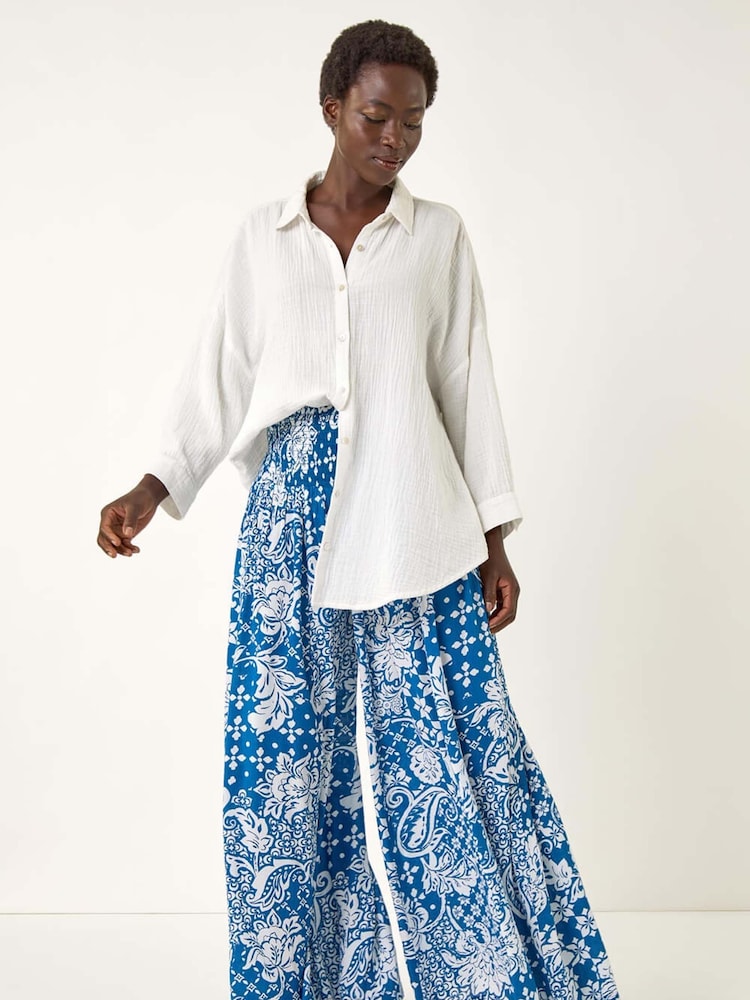 Roman Blue Printed Shirred Wide Leg Trousers - Image 2 of 5