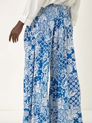 Roman Blue Printed Shirred Wide Leg Trousers - Image 3 of 5