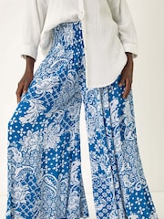 Roman Blue Printed Shirred Wide Leg Trousers - Image 4 of 5