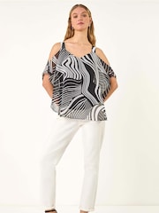 Roman Black Mono Print Cold Shoulder Blouse - Image 2 of 5
