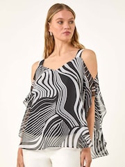 Roman Black Mono Print Cold Shoulder Blouse - Image 4 of 5