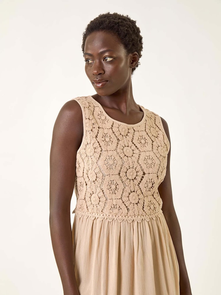 Buy Roman Natural Crochet Bodice Midi Dress from Next USA
