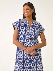 Roman Blue Print Linen Mix Shift Dress - Image 4 of 5