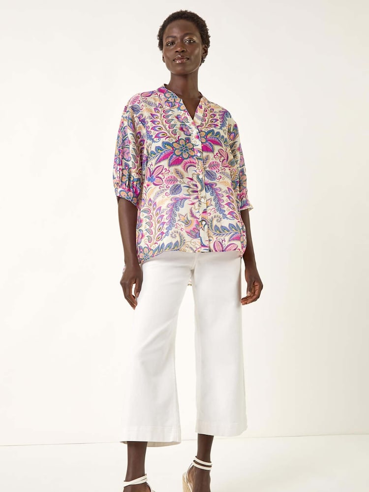 Roman Pink Floral Print V-Neck Blouse - Image 2 of 5