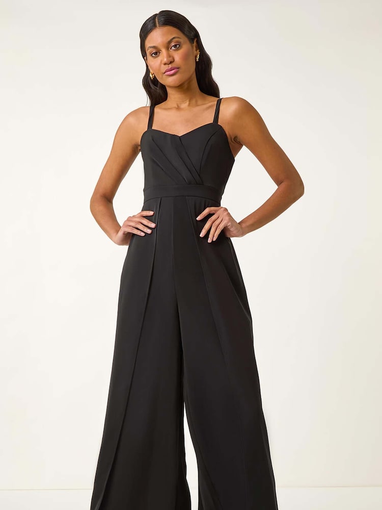Roman Black Pleated Bardot Jumpsuit - Image 1 of 5 Roman Black Pleated Bardot Jumpsuit - Image 1 of 5