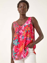 Roman Red Tropical Print V-Neck Button Camisole Top - Image 2 of 5