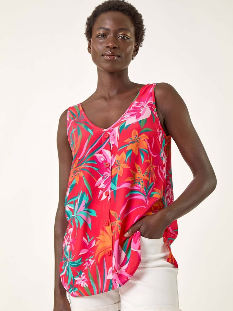 Roman Red Tropical Print V-Neck Button Camisole Top - Image 2 of 5