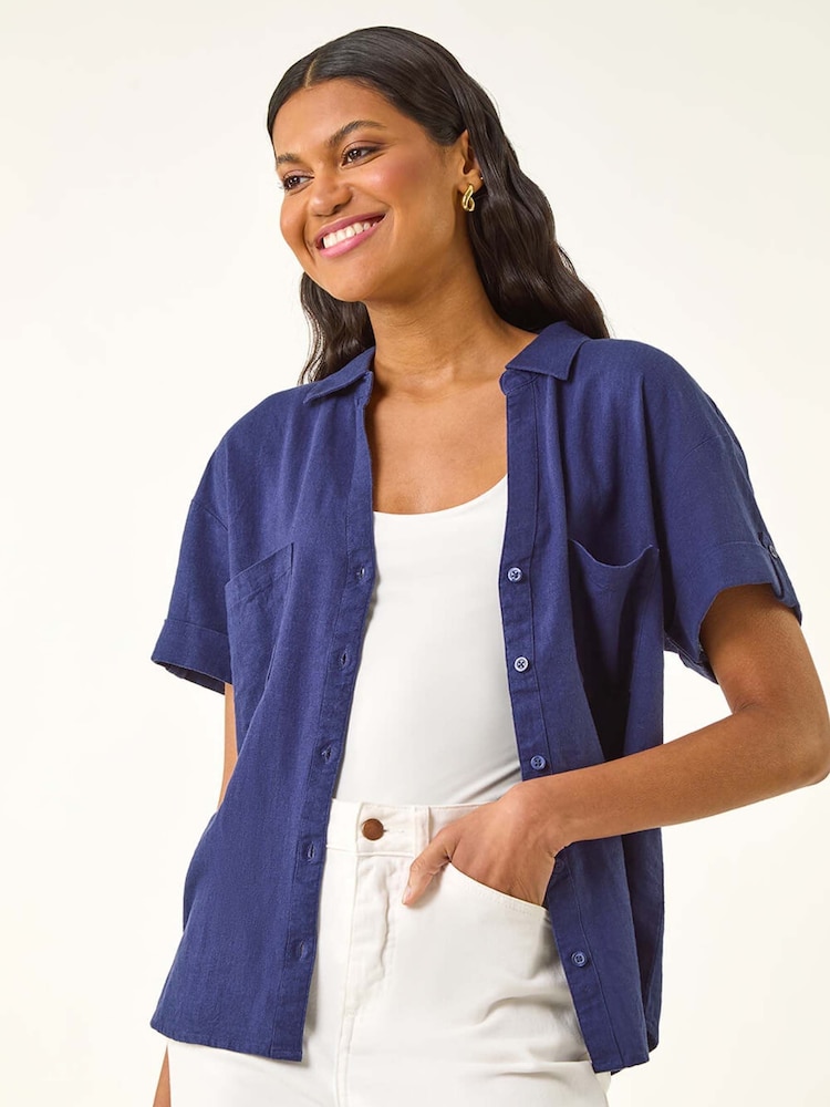 Roman Blue Linen Mix Collared Blouse - Image 1 of 5