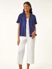 Roman Blue Linen Mix Collared Blouse - Image 2 of 5
