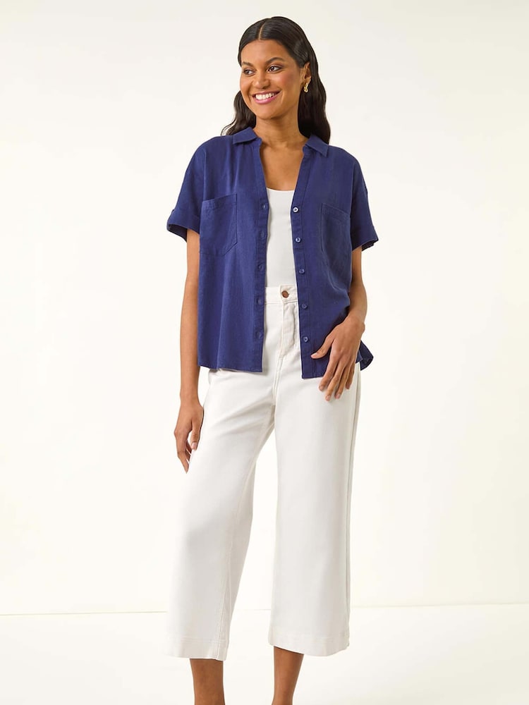 Roman Blue Linen Mix Collared Blouse - Image 2 of 5