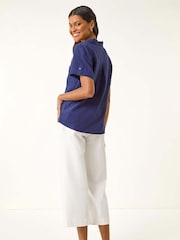 Roman Blue Linen Mix Collared Blouse - Image 3 of 5