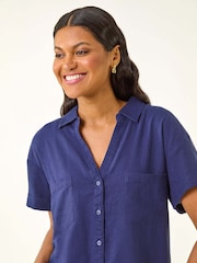 Roman Blue Linen Mix Collared Blouse - Image 4 of 5