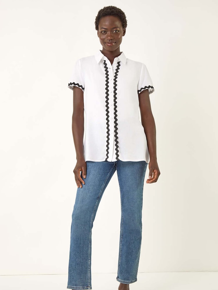 Roman White Linen Mix Contrast Trim Button Shirt - Image 1 of 5