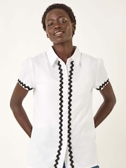 Roman White Linen Mix Contrast Trim Button Shirt - Image 2 of 5