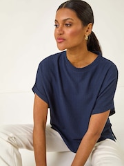 Roman Blue Textured Crepe Stretch Boxy T-Shirt - Image 1 of 5