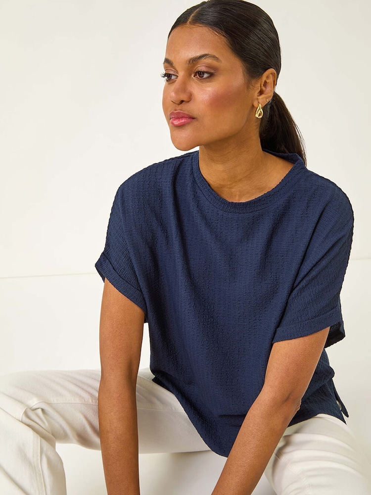 Roman Blue Textured Crepe Stretch Boxy T-Shirt - Image 1 of 5 Roman Blue Textured Crepe Stretch Boxy T-Shirt - Image 1 of 5