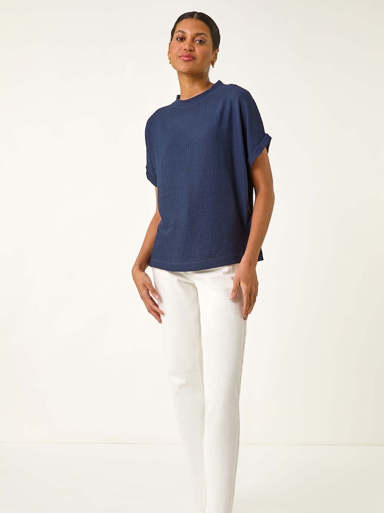 Roman Blue Textured Crepe Stretch Boxy T-Shirt - Image 2 of 5 Roman Blue Textured Crepe Stretch Boxy T-Shirt - Image 2 of 5