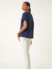 Roman Blue Textured Crepe Stretch Boxy T-Shirt - Image 3 of 5