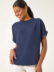 Roman Blue Textured Crepe Stretch Boxy T-Shirt - Image 4 of 5