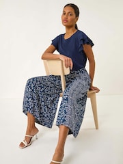 Roman Blue Floral Print Wide Leg Palazzo Culottes Trousers - Image 1 of 5