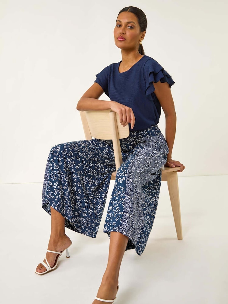 Roman Blue Floral Print Wide Leg Palazzo Culottes Trousers - Image 1 of 5