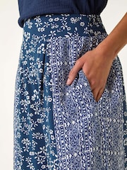 Roman Blue Floral Print Wide Leg Palazzo Culottes Trousers - Image 2 of 5