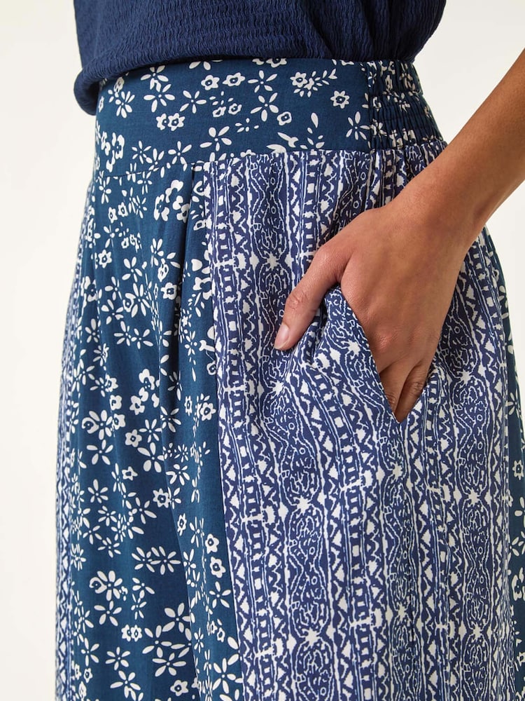 Roman Blue Floral Print Wide Leg Palazzo Culottes Trousers - Image 2 of 5