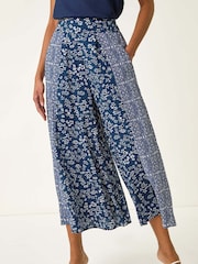 Roman Blue Floral Print Wide Leg Palazzo Culottes Trousers - Image 3 of 5
