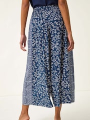 Roman Blue Floral Print Wide Leg Palazzo Culottes Trousers - Image 4 of 5