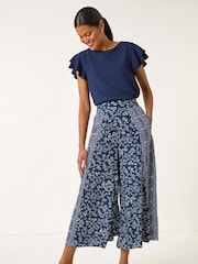 Roman Blue Floral Print Wide Leg Palazzo Culottes Trousers - Image 5 of 5