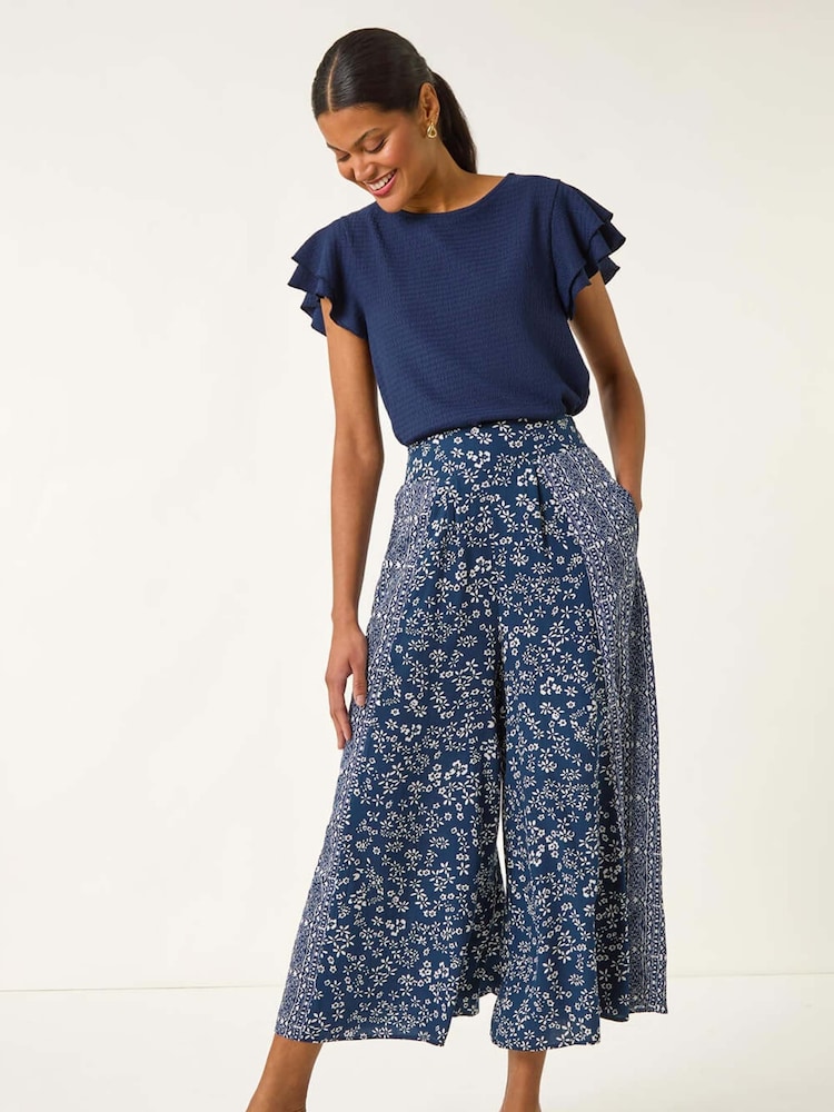 Roman Blue Floral Print Wide Leg Palazzo Culottes Trousers - Image 5 of 5 Roman Blue Floral Print Wide Leg Palazzo Culottes Trousers - Image 5 of 5