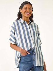 Azul - Camisa com detalhe de botão e estampa Roman Stripe Print - Imagem 1 de 5