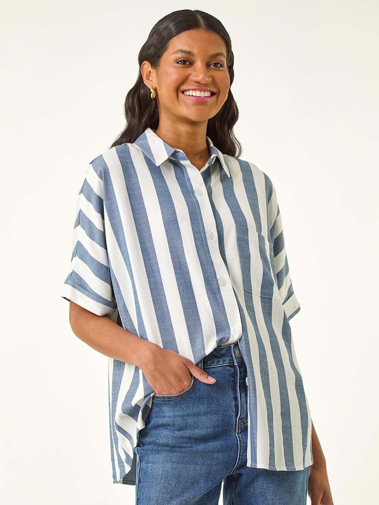 Azul - Camisa com detalhe de botão e estampa Roman Stripe Print - Imagem 1 de 5