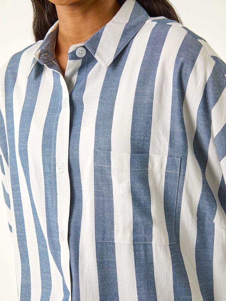 Azul - Camisa com detalhe de botão e estampa Roman Stripe Print - Imagem 5 de 5