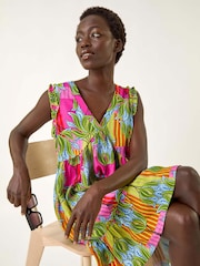 Roman Pink Leaf Print Frilled Smock Dress - Image 1 of 5