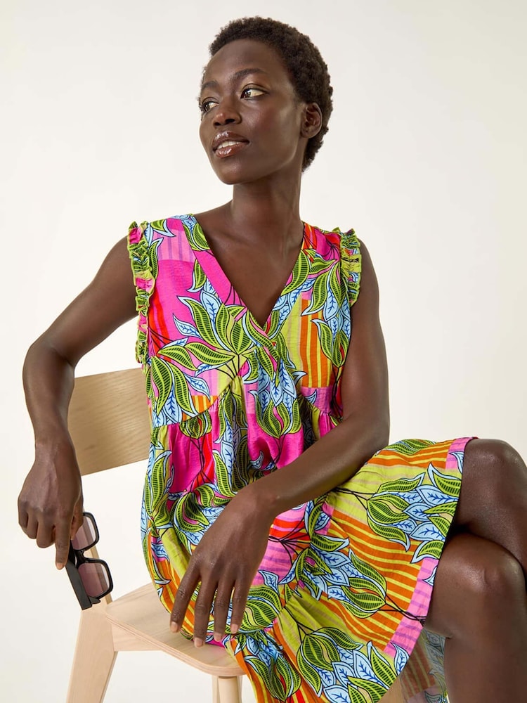 Roman Pink Leaf Print Frilled Smock Dress - Image 1 of 5