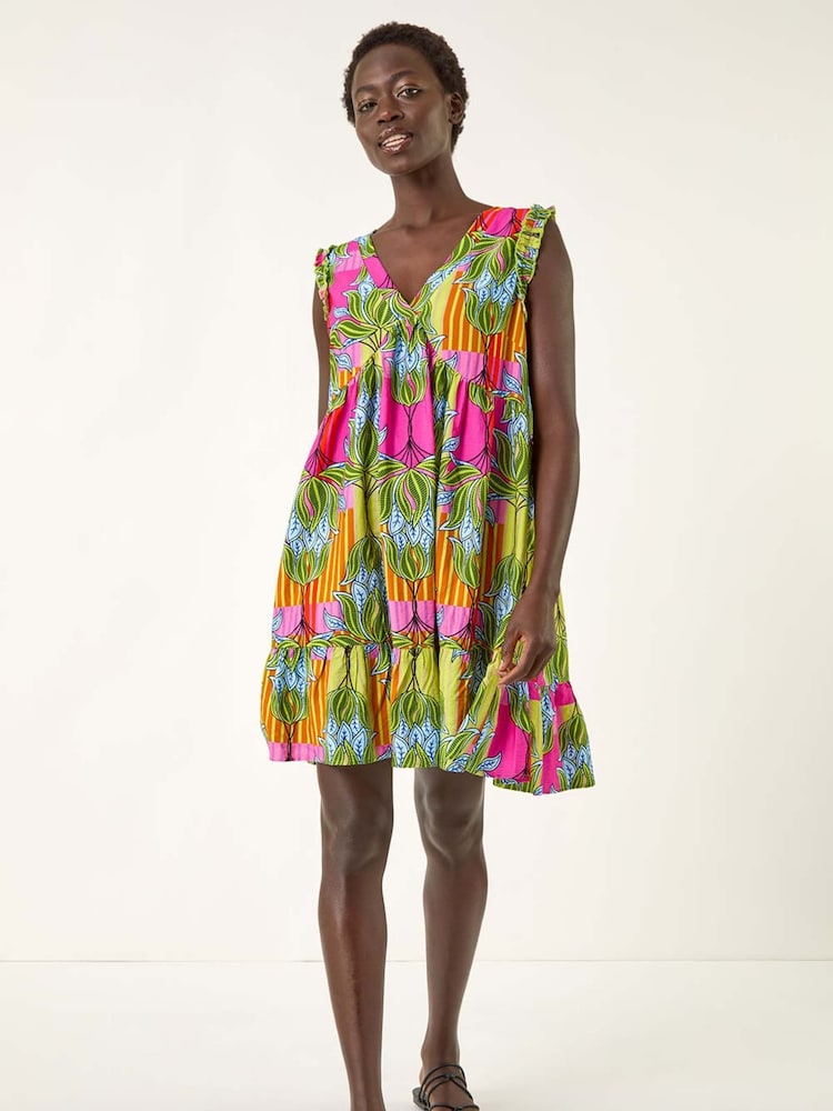 Roman Pink Leaf Print Frilled Smock Dress - Image 2 of 5