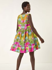 Roman Pink Leaf Print Frilled Smock Dress - Image 3 of 5