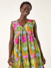 Roman Pink Leaf Print Frilled Smock Dress - Image 4 of 5