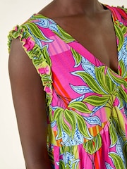 Roman Pink Leaf Print Frilled Smock Dress - Image 5 of 5