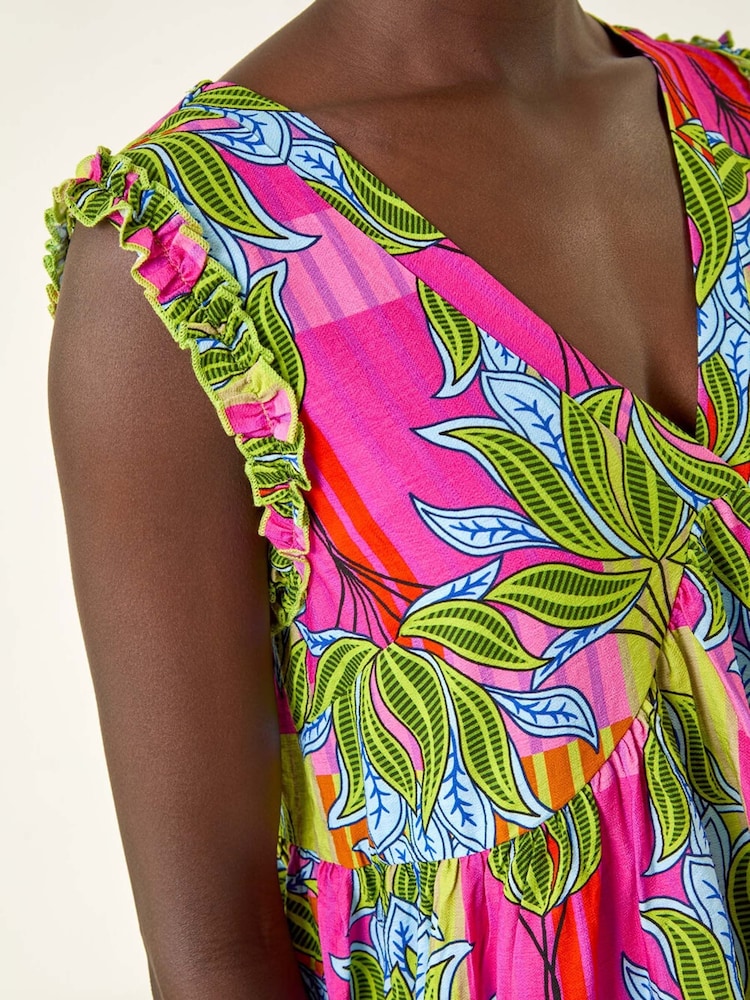 Roman Pink Leaf Print Frilled Smock Dress - Image 5 of 5
