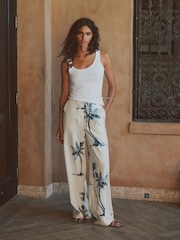 Ecru/Navy Palm Print Linen Blend Wide Leg Trousers - Image 1 of 8